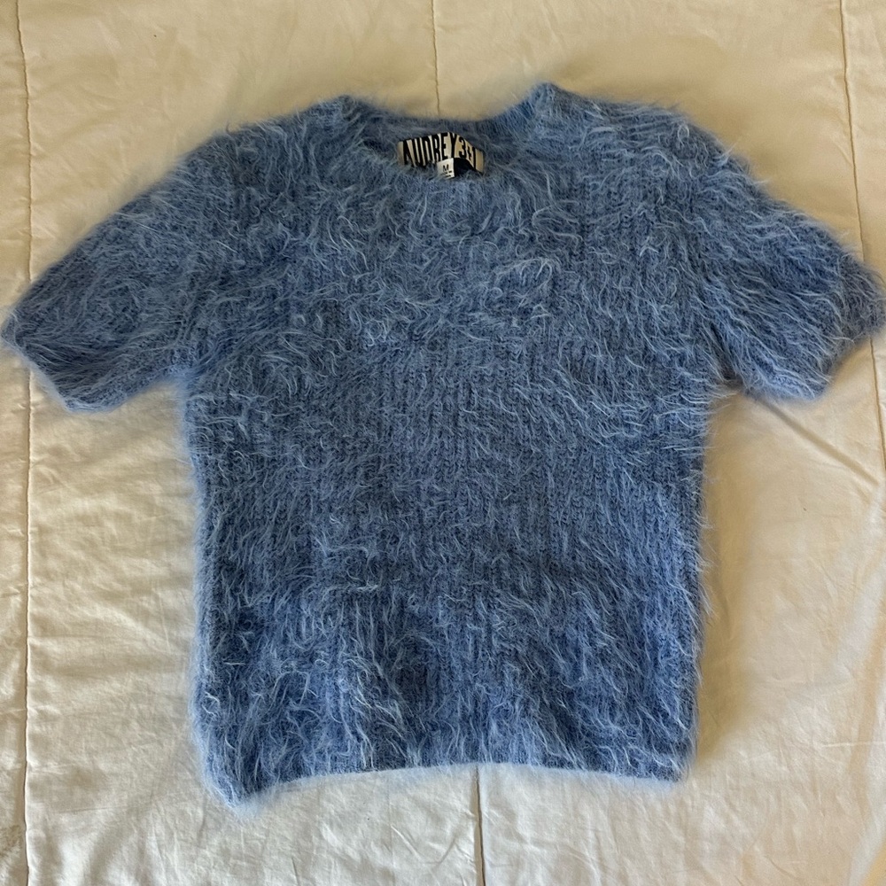 Periwinkle blue fuzzy short sleeved sweater top